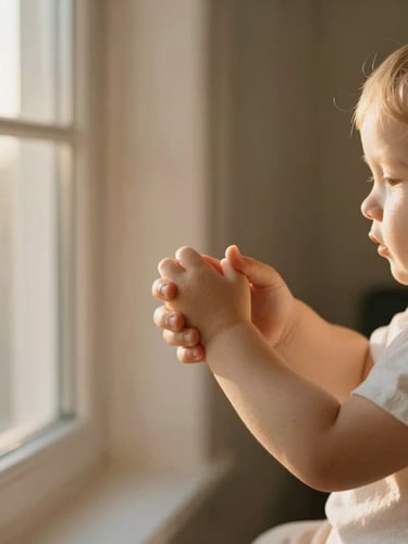 A warm, sun-drenched photo of a mother gently holding her young child's hand near a window, soft golden-hour light, shallow depth of field, 35mm