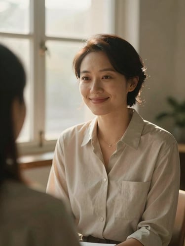 A warm portrait of a counselor smiling gently in a sunlit room, soft golden-hour window light, muted sage and cream tones, shallow depth of field.