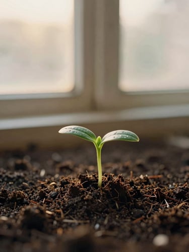 A small green seedling sprouting from rich dark soil, captured in warm golden-hour window light with a soft, blurry background, 35mm photography