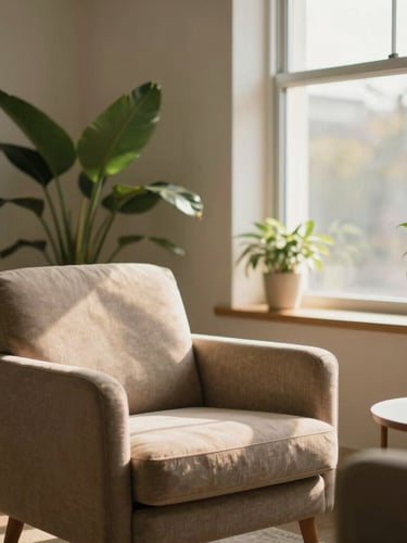 A warm, inviting counseling office with a comfortable armchair, soft green plants, and gentle sunlight streaming through a large window, creating a peaceful atmosphere.