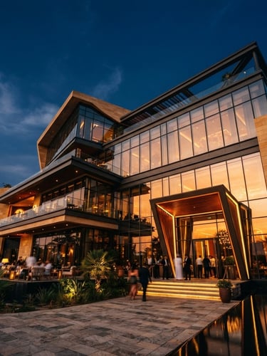 Low-angle architectural exterior of a modern luxury dining venue in Bahrain, warm golden-hour sunlight reflecting off glass and steel, premium 35mm photography