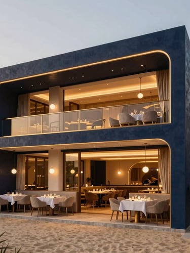 Bespoke interior design of a luxury three-storey restaurant in Adliya, moody architectural lighting, warm champagne gold accents, premium dining setup
