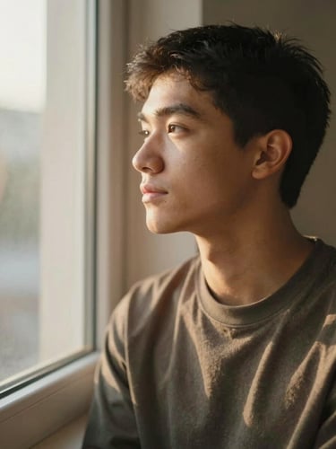 A warm, respectful portrait of a young adult student looking out a window, soft natural window light, shallow depth of field, 35mm style.