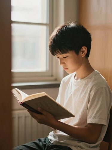 A young student reading a book in a library with soft window light, warm muted earth tones, shallow depth of field, authentic moment.