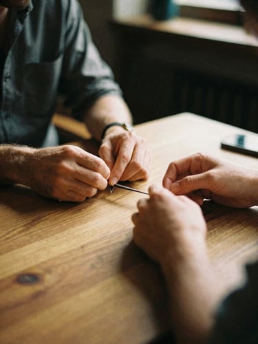 Warm natural light illuminating a quiet conversation across a wooden table, soft focus on hands, 35mm film style.