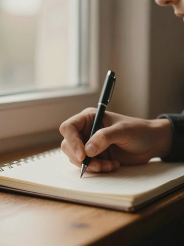 A close-up of a student's hands writing in a notebook near a window with soft, warm natural light, shallow depth of field, rich muted tones.