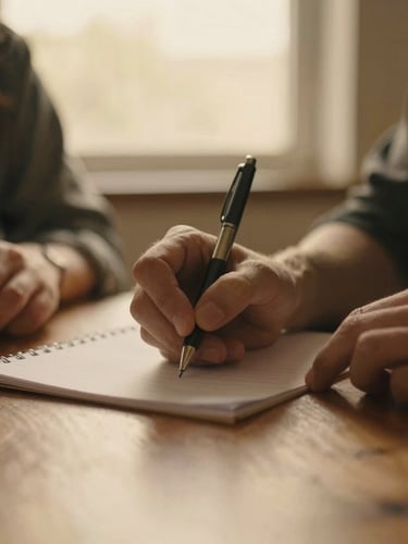 A warm, respectful close-up of hands holding a pen, writing on a wooden table, soft golden-hour window light, shallow depth of field