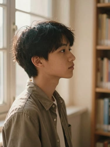 A soft, respectful portrait of a young student looking out a library window, bathed in warm natural light, shallow depth of field, rich muted earth tones