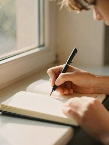 Hands of a student writing in a journal near a sunlit window, warm golden-hour light, soft muted earth tones, 35mm film style.