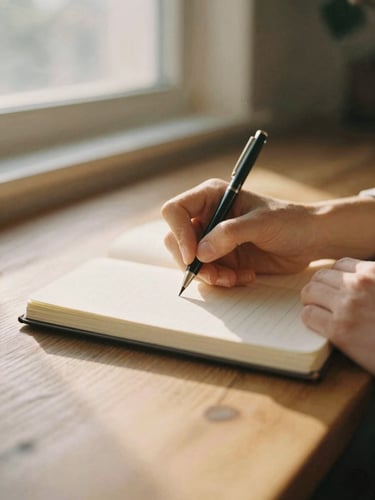 A warm, natural golden-hour close-up of hands writing in a journal on a wooden table, soft window light, shallow depth of field, 35mm film style