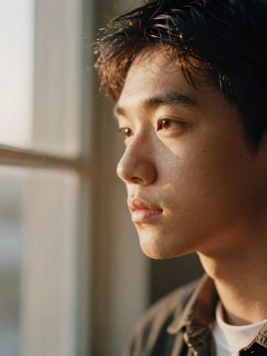 A warm, close-up portrait of a student looking thoughtfully out a window, soft golden-hour light, shallow depth of field, 35mm film style