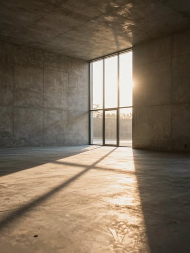 One-point perspective of a raw concrete interior gallery, dramatic low-angle golden hour light streaming through a high window, casting sharp geometric shadows across the floor.