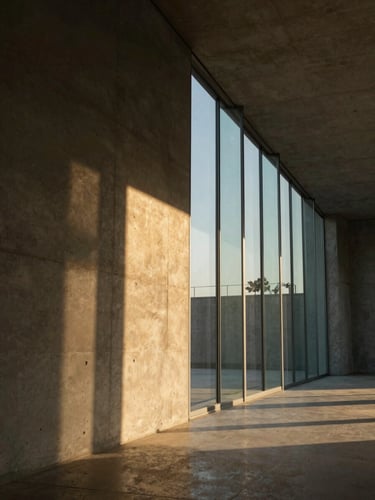 One-point perspective interior crop, dramatic low-angle golden hour light casting long, sharp shadows across a raw concrete wall and hand-poured glass panels, minimalist architectural volume.