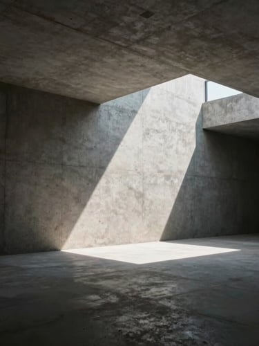 One-point perspective of a minimalist raw concrete atrium, dramatic chiaroscuro lighting with a sharp shaft of sunlight cutting diagonally across the frame, high contrast, silent atmosphere