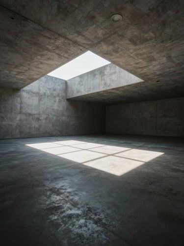 One-point perspective of a minimalist concrete gallery interior, low-angle morning sun casting sharp geometric shadows across the floor, high-contrast chiaroscuro, cinematic framing.