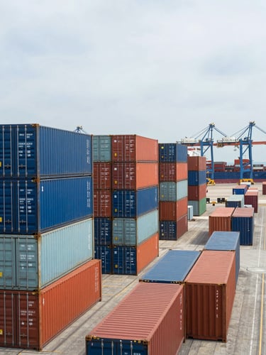 Wide environmental shot of a busy container port yard in Indonesia, rows of stacked shipping containers in blue and orange steel, a cargo ship visible at the berth in the far background, shot in overcast natural daylight with strong horizontal framing, containers fill the left two-thirds of frame