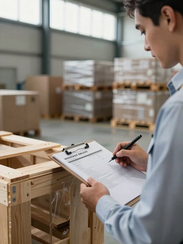 Close-up medium shot of an insurance surveyor in a logistics warehouse reviewing cargo damage on a wooden crate, clipboard with inspection documents in hand, natural daylight from high warehouse windows, stacked boxes and shipping pallets visible in the background