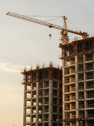 Wide environmental shot of an active high-rise construction site at golden hour, concrete formwork and scaffolding filling the right frame, heavy crane arm extending into a warm overcast sky, workers visible at mid-level, no signage