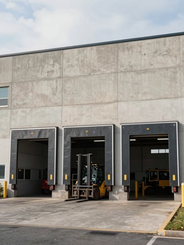 Wide-angle shot of a warehouse building exterior mid-day, loading dock doors open with forklift visible inside, concrete facade showing real operational scale, natural overcast daylight, framed from street level looking slightly upward