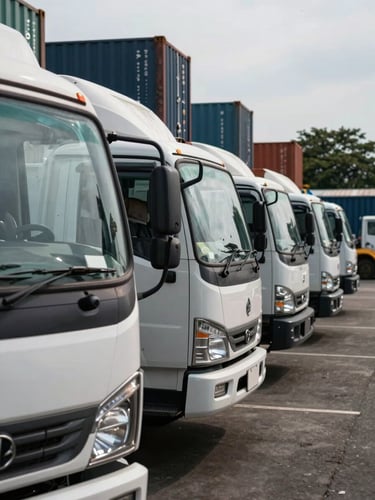 Close-up environmental shot of a fleet of delivery trucks parked in a logistics yard, Jakarta industrial area in background, overcast daylight revealing cargo containers stacked behind the vehicles, foreground shows truck cab door detail and side-mirror, lived-in working atmosphere