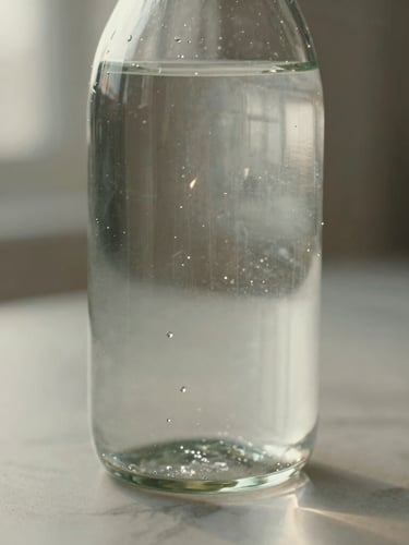 A close-up vertical shot of water refracting morning light through a premium glass bottle on a light marble surface, soft focus background, quiet luxury aesthetic.