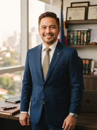 Approach-focused professional headshot of a Filipino lawyer in a modern Manila office, soft natural daylight, warm gold highlights, 35mm lens.