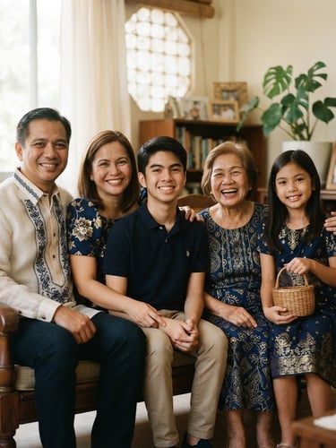 Warm editorial portrait of a Filipino family sitting together in soft natural daylight, smiling, deep navy and gold clothing accents, authentic 35mm photography.