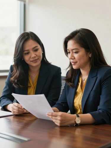 Warm portrait of two Filipino legal colleagues discussing a document in a bright, sunlit conference room, professional and collaborative, 35mm lens.