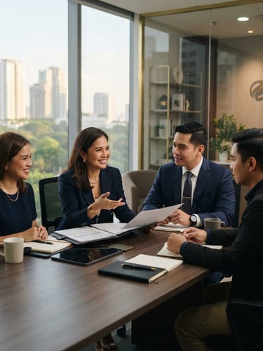 Approachable Filipino corporate partners in a modern Manila office, soft warm daylight, deep navy and gold accents, professional editorial photography, 35mm lens