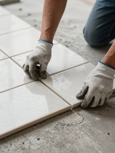 Close-up of a worker's gloved hands placing precision tile on a concrete floor, grout lines perfectly aligned, overcast studio light from above revealing texture of the ceramic surface, no faces, no people posing