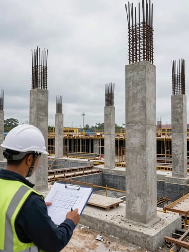 Wide construction site in progress, reinforced concrete columns rising from foundation, a helmeted engineer reviewing structural drawings on a clipboard in the left foreground, overcast daylight illuminating the raw concrete and rebar, deep site depth visible behind
