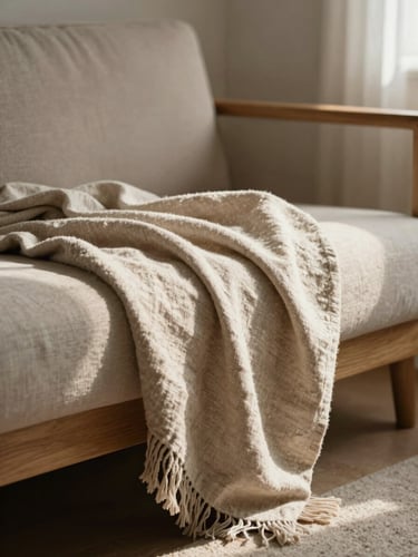 A heavy-weight oatmeal Belgian linen blanket draped over a low-slung wooden sofa, soft directional morning light, gentle shadows, 35mm