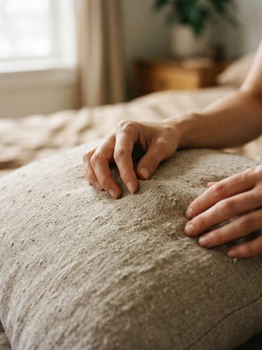 Close-up of hands feeling the raw texture of an oatmeal-colored linen pillow cover, soft morning window light, shallow depth of field, 35mm
