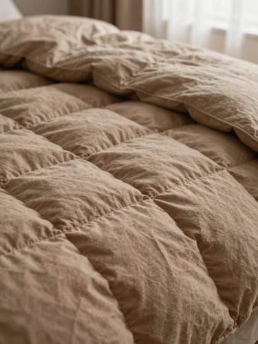 Tight macro shot of a rumpled clay-colored cotton bed quilt, showing the detailed hand-quilted stitching and raw unspun texture, soft morning side light, shallow depth of field