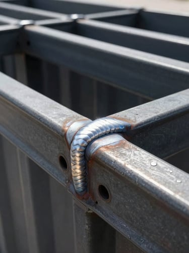 Close-up of heavy-duty steel welds on a pristine charcoal container frame, high-contrast overcast light, sharp macro detail