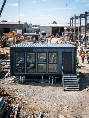 Wide-angle architectural shot of a pristine, newly delivered modular office container on an active industrial site, bright natural daylight, high-contrast slate and steel tones