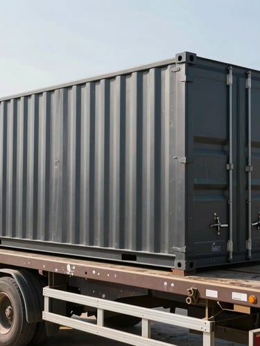 Close-up of industrial flatbed trailer delivering a heavy-duty steel office container to a coastal construction site under high-contrast morning sunlight