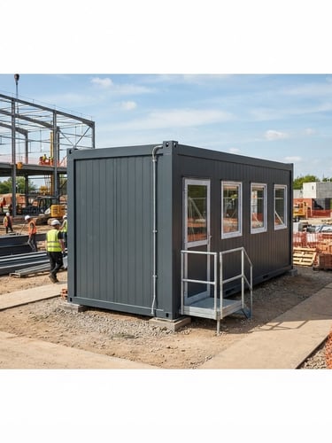 Pristine, newly delivered office container on an active but organized construction site, bright daylight, high-contrast charcoal steel, wide-angle architectural lens, 35mm