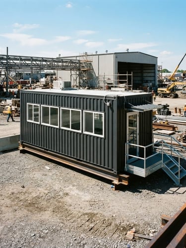 Wide-angle architectural 35mm shot of a newly delivered, pristine custom-engineered modular office container on an active industrial site, bright natural daylight, high-contrast steel tones