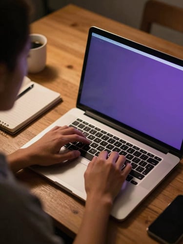 Over-shoulder view of a creator at a glowing laptop screen in a warm tungsten-lit desk setup, notebook and coffee visible to the left, purple-tinted monitor glow casting soft light on the keyboard, cinematic and moody