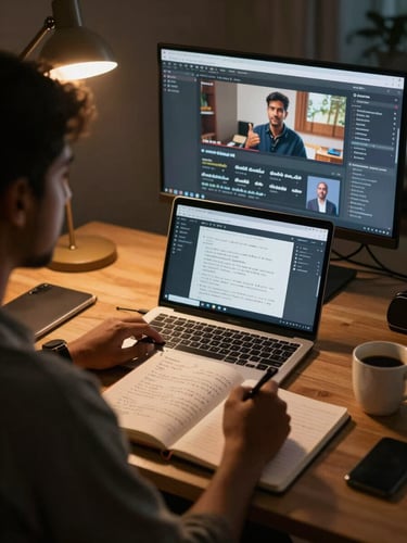 Over-shoulder view of a creator at a dual-monitor desk at night, warm tungsten lamp casting golden light on a laptop screen showing a Telugu-language live session interface, notebook open with handwritten notes, coffee cup to the right, moody cinematic framing