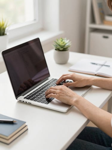 Bright editorial photography of a clean home office workspace, natural daylight, hands typing on a laptop, warm friendly tones, shallow depth of field