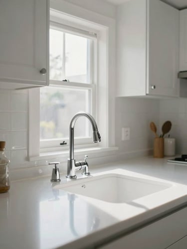 Straight-on wide-angle shot of a bright, naturally lit kitchen with sparkling clean white countertops, polished chrome faucet, and freshly wiped cabinets. Sunlight pouring through a window.