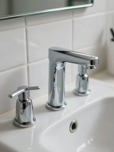 A sparkling clean bathroom with polished chrome faucets, pristine white tiles, bright natural daylight, macro shot.