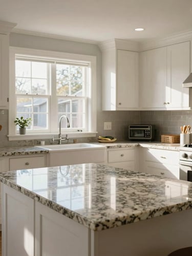 Bright, sunlit New England kitchen after professional cleaning, polished granite countertops, white cabinets, natural daylight pouring through a window, wide angle.