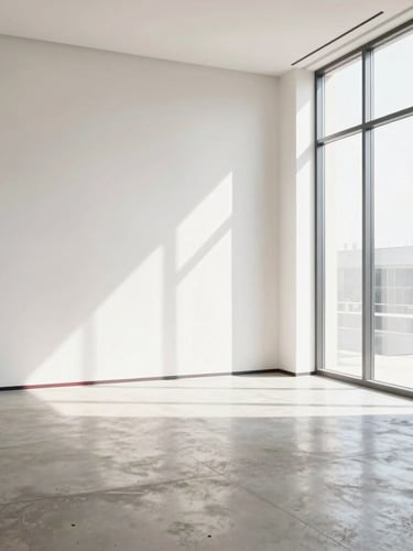 A bright, clean minimalist corporate interior with natural daylight, a polished concrete floor, and a large architectural window on the right third, 35mm photography.