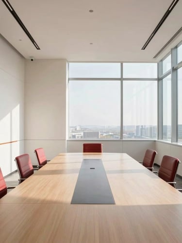 A clean minimalist corporate boardroom interior with warm sunlight streaming through high-end architectural windows, 35mm photography.