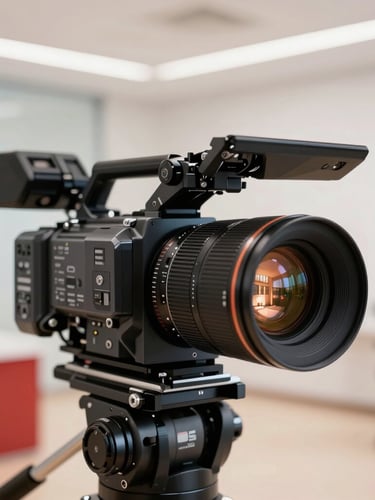 Close-up of high-end media production equipment, camera lens reflecting warm architectural interior lights, clean and professional studio setting, 35mm editorial.