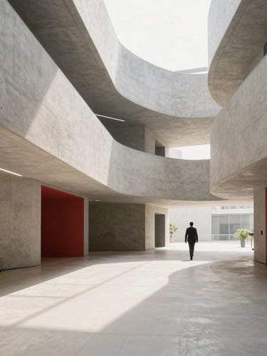 Minimalist architectural corporate atrium with sweeping concrete curves, soft natural daylight, a solitary business leader walking in the distance, 35mm editorial photography.