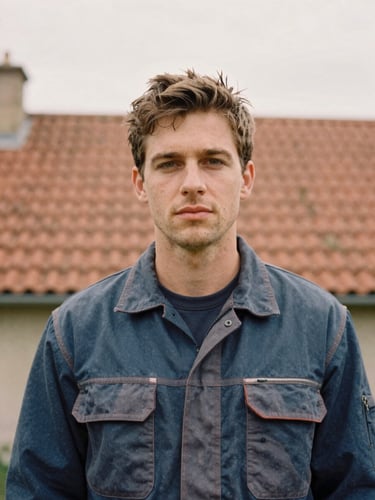 Honest, unposed portrait of Jordan Lafleur in workwear, looking directly at the camera, with a softly blurred background of a traditional French roof under natural overcast daylight. Warm editorial photography, 35mm.
